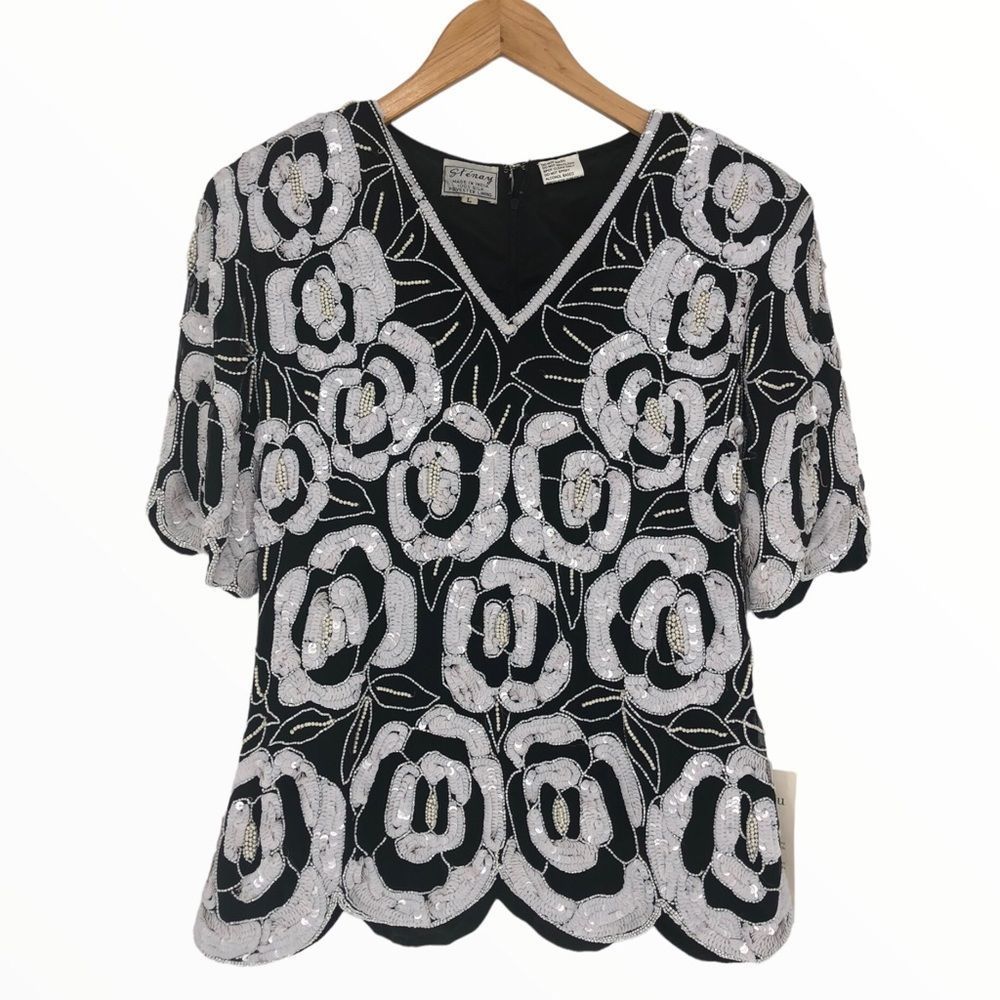 80’s Vintage Stenay White Floral Beaded Sequin Blouse Deadstock size Large NWT